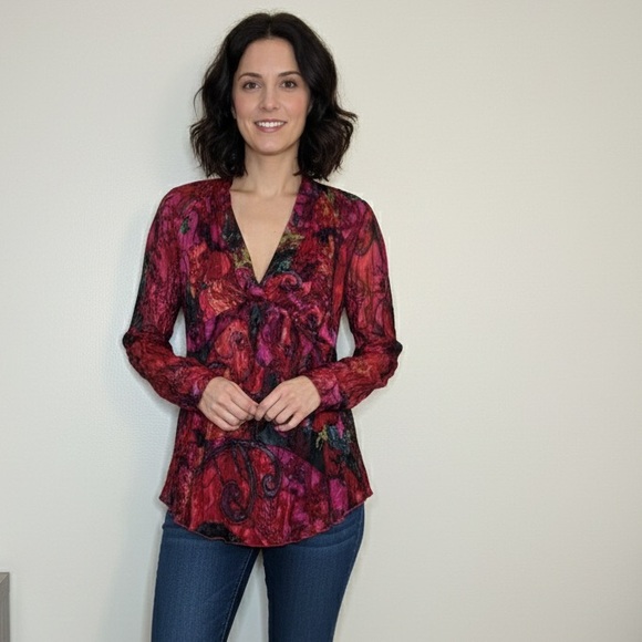 Chico's Silk Red Floral Paisley Burnout Velvet Velour Long Sleeve Top Blouse 1 - Picture 1 of 6